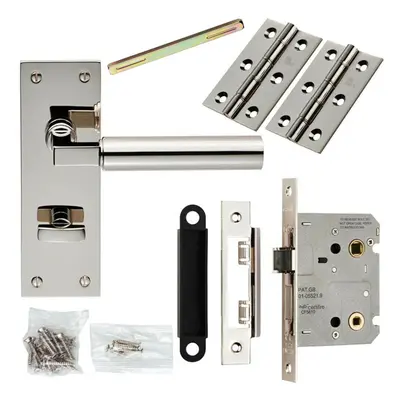 Door Handle & Bathroom Lock Pack Polished Nickel Round Lever Turn Backplate