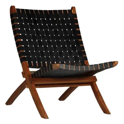 vidaXL Relaxing Chair Real Leather 59x72x79cm Crossed-Stripe Black Foldable