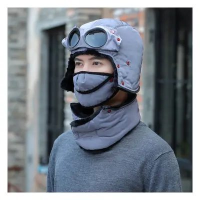 (Grey) Winter Bomber Hats With Face Mask Plush Earflap with Goggles Warmer Windproof Thicken