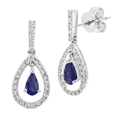 Jewelco London 18ct White Gold Round 20pts Diamond Pear 1/2ct Sapphire Teardrop Drop Earrings - 