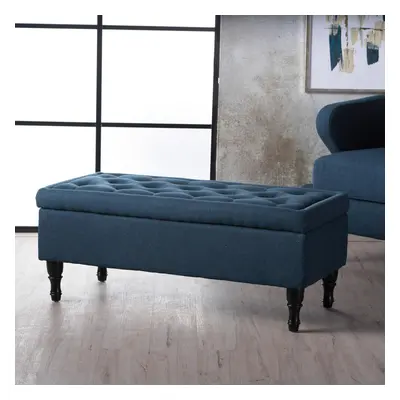 Navy Blue Ottoman Upholstered Buttoned Padded Storage Bench