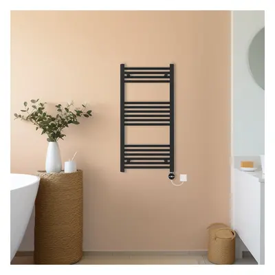 (Black, 1000x500mm) NRG Prefilled Thermostatic Electric Straight Heated Towel Rail Radiator