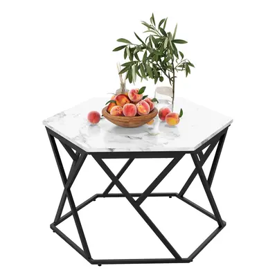 HOMCOM Coffee Table Cocktail Table with High Gloss Marble Top Steel Frame White