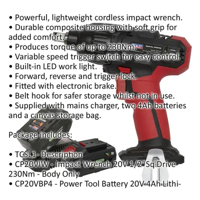 20V Cordless Impact Wrench Kit - 1/2" Sq Drive - With x Batteries & Charger