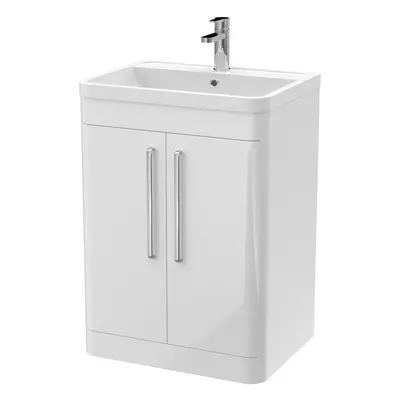 Floor Standing Door Vanity Unit with Polymarble Basin - 600mm - Gloss White