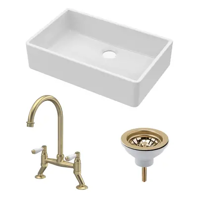 Fireclay Kitchen Bundle - Single Bowl Butler Sink, Waste & Bridge Lever Mixer Tap, 795mm - Brush