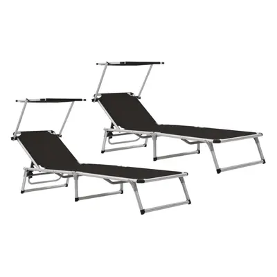 vidaXL 2x Folding Sun Loungers with Roof Aluminium&Textilene Black Sun Bed