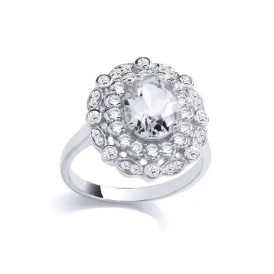 (Q) Jewelco London Sterling Silver Light Green Quartz & White CZ Fancy Ring Cocktail Ring - GVR9