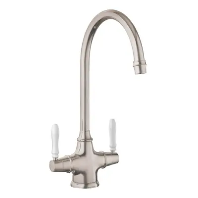 Traditional Belfast Mixer Tap Lever Swivel Spout Swan Neck Brushed Twin Handle