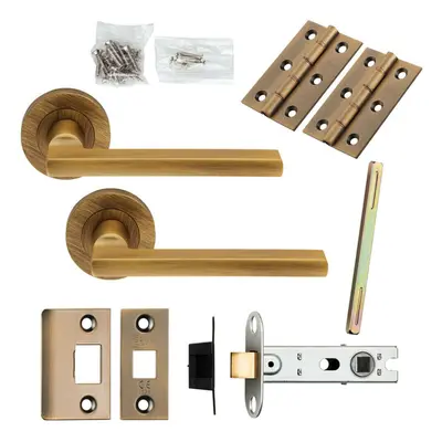 Door Handle & Latch Pack Antique Brass Plinth Mounted Bar Screwless Round Rose