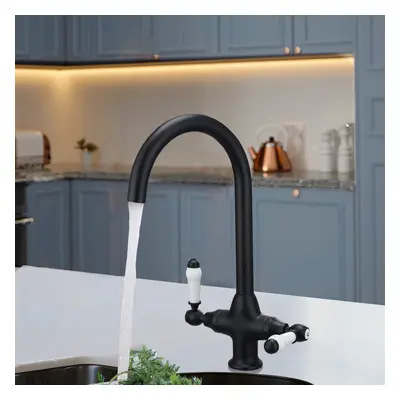 Nes Home Traditional Matte Black Twin Lever Kitchen Mixer Tap With Swivel Spout