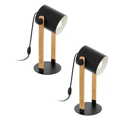 2 PACK Table Lamp Desk Light Black & Creme Shade Wood Base 1x 28W E27