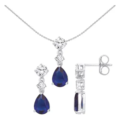 Jewelco London Ladies Rhodium Plated Sterling Silver Blue Pear CZ Trilogy Tears of Joy Earrings 