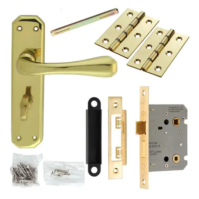 Door Handle & Bathroom Lock Pack Brass Smooth Flared Bar Thumb Turn Backplate