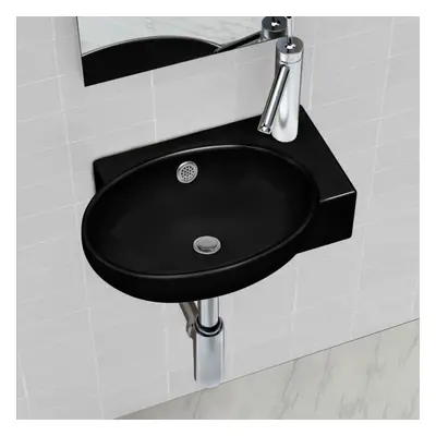 vidaXL Ceramic Bathroom Sink Basin Faucet/Overflow Hole Black Round Wall Hung