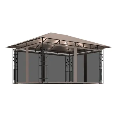 vidaXL Gazebo with Mosquito Net&LED String Lights 4x3x2.73 m Taupe g/mÂ²