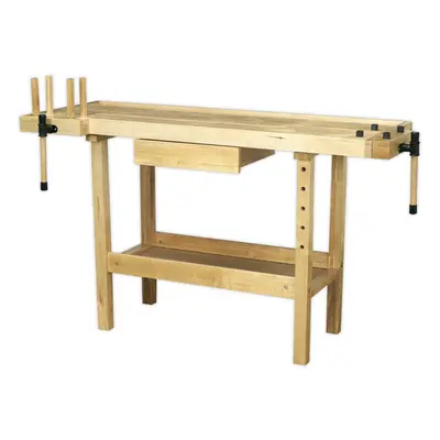 1.52m Woodworking Varnished Bench - Tool Well & Draw with Built In Vices