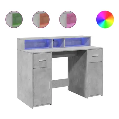 vidaXL Desk with LED Lights Study Working Table Concrete Grey Engineered Wood