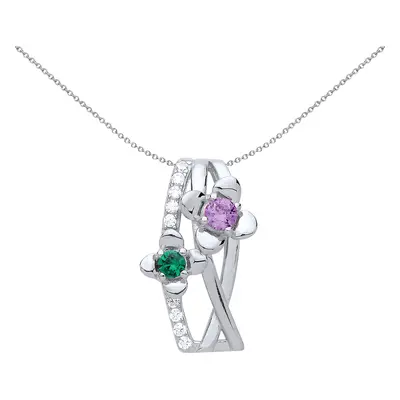 Jewelco London Ladies Sterling Silver Pink & Green Cubic Zirconia Duo Flower Petal Charm Necklac