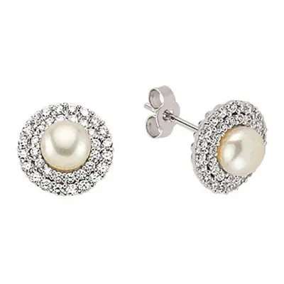 Jewelco London Ladies Sterling Silver Cubic Zirconia & Simulated Pearl Halo Stud Earrings 7mm - 