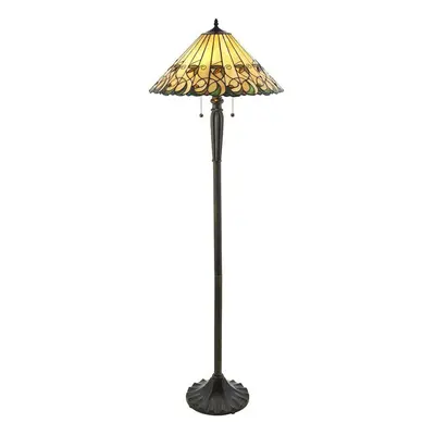 1.6m Tiffany Twin Floor Lamp Dark Bronze & Amber Stained Glass Shade i00017