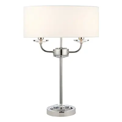 Twin Light Table Lamp Bright Nickel & White Shade Crystal Trim Bedside Feature