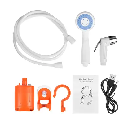 (white+Orange) Portable Camping Shower Pump Handheld Outdoor Head Hiking