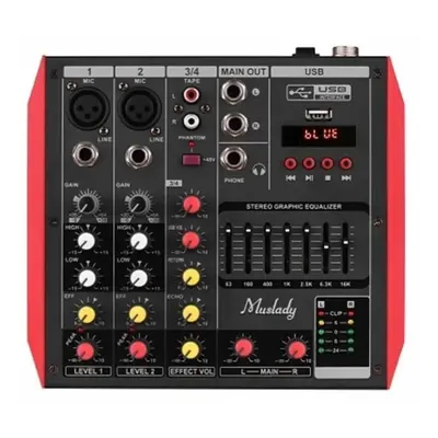 4 Channel Audio Bluetooth Mixer Mixing Console with 7-Band EQualizer USB Phantom Power 48V