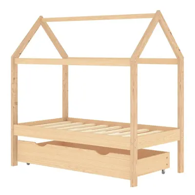 vidaXL Solid Pine Wood Kids Bed Frame with a Drawer 70x140 cm Wooden Base