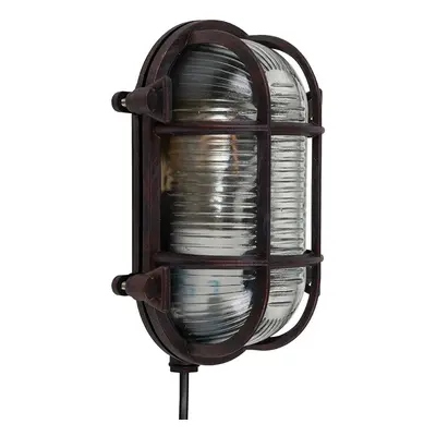 IP64 Rated Oval Rust Effect Frosted Lens Metal Outdoor Bulkhead Wall Light - With a 4w LED Filam