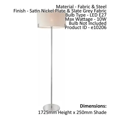 Floor Lamp Light Satin Nickel & Slate Grey Fabric 10W LED E27 Base & shade