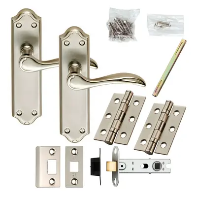 Door Handle & Latch Pack Satin Chrome Victorian Curved Lever Ornate Backplate