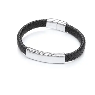 Jewelco London Mens Black Leather Stainless Steel Flat Plain Weave ID Bar Strap Bracelet inch - 