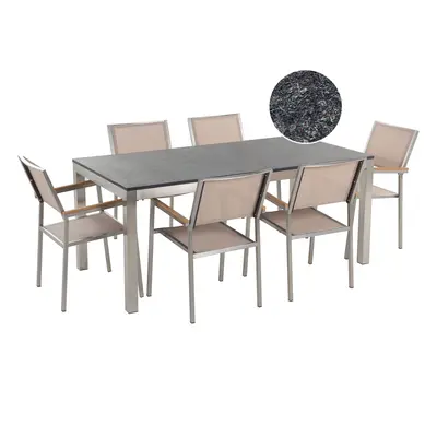 6 Seater Garden Dining Set GROSSETO Stone Flamed Granite Effect Beige