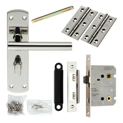 Door Handle & Bathroom Lock Pack Polished Steel T Bar Lever Turn Backplate