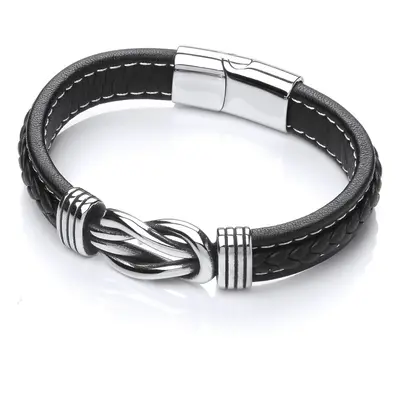 Jewelco London Mens Rhodium Plated Stainless Steel Black Leather Loop Knot Cuff Bracelet 13mm - 