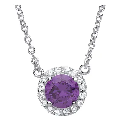 Jewelco London Ladies Rhodium Plated Sterling Silver Purple CZ Solitaire Halo Charm Necklace + i