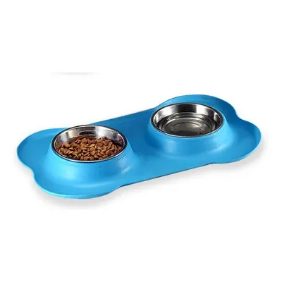 (Blue) Stainless Steel Pet Bowl with Non-Skid Silicone Mat Feeder Double Bowls Set for Dogs Cats