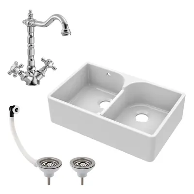 795mm - Double Bowl Fireclay Butler Kitchen Sink - Stepped Weir, Classic Tap & Wastes