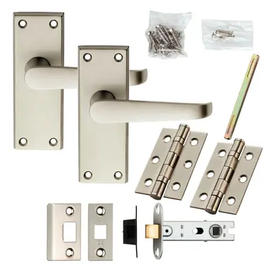 Door Handle & Latch Pack Satin Chrome Short Straight Lever Square Backplate