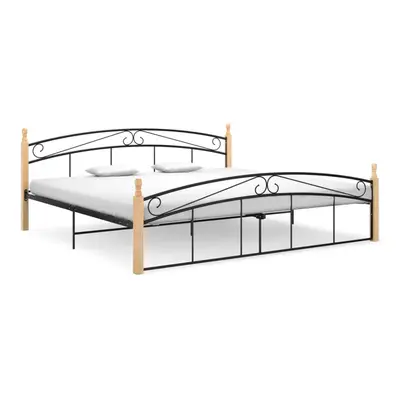 vidaXL Bed Frame Black Metal and Solid Oak Wood 200x200 cm Bedroom Furniture