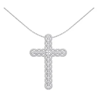 Jewelco London Unisex Rhodium Plated Sterling Silver CZ Scallop Edge Tennis Cross Pendant Neckla