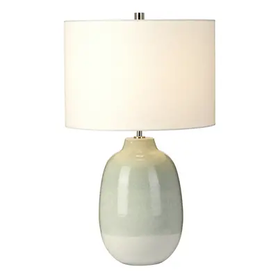 Table Lamp Pale Green to White White Faux Linen Drum Shade LED E27 60W Bulb