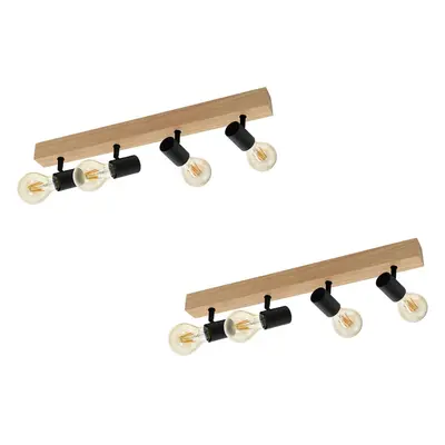 2 PACK Wall Light Colour Brown Wood Back Plate Black Bulb Holder Bulb E27 4x60W