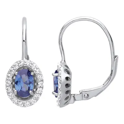 Jewelco London Ladies Sterling Silver Sapphire-Blue Oval Cubic Zirconia Solitaire Halo Drop Earr