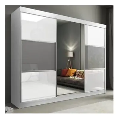 (250cm, White) High Gloss Sliding Mirror Door Wardrobe |Manhattan