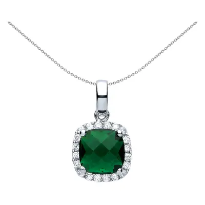 Jewelco London Sterling Silver Emerald-Green Square Cushion Cubic zirconia Halo Football Stadium