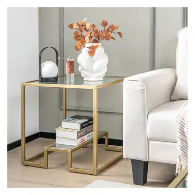 2-Tier Square Side Table Sofa End Snack Table Nightstand Tempered Glass Tabletop