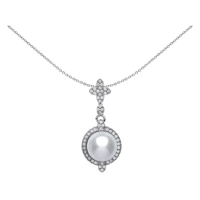 Jewelco London Ladies Sterling Silver Cubic Zirconia and Simulated Pearl Halo Charm Necklace 9mm