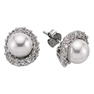 Jewelco London Ladies Sterling Silver Cubic Zirconia & Simulated Pearl Curved Halo Stud Earrings